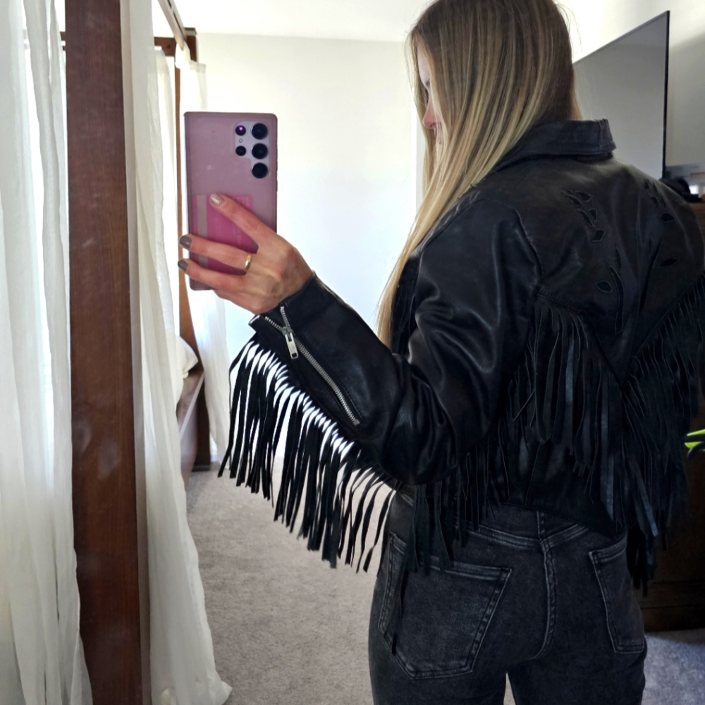 All American rider fringe Wild West Leather Moto Jacket sz 6